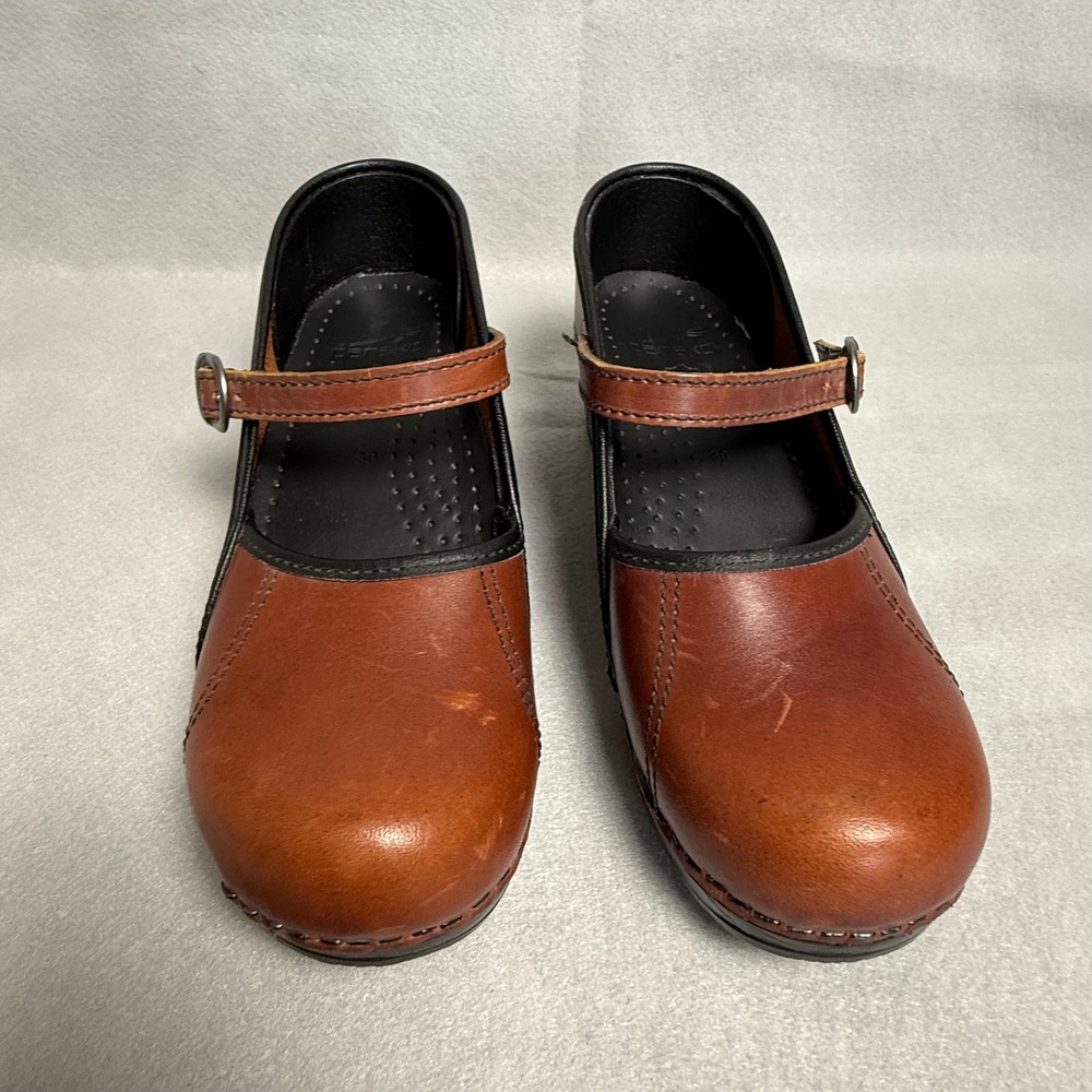 Dansko Professional Mary Jane Clogs Brown Leather Stapled Comfort Shoes Women 38